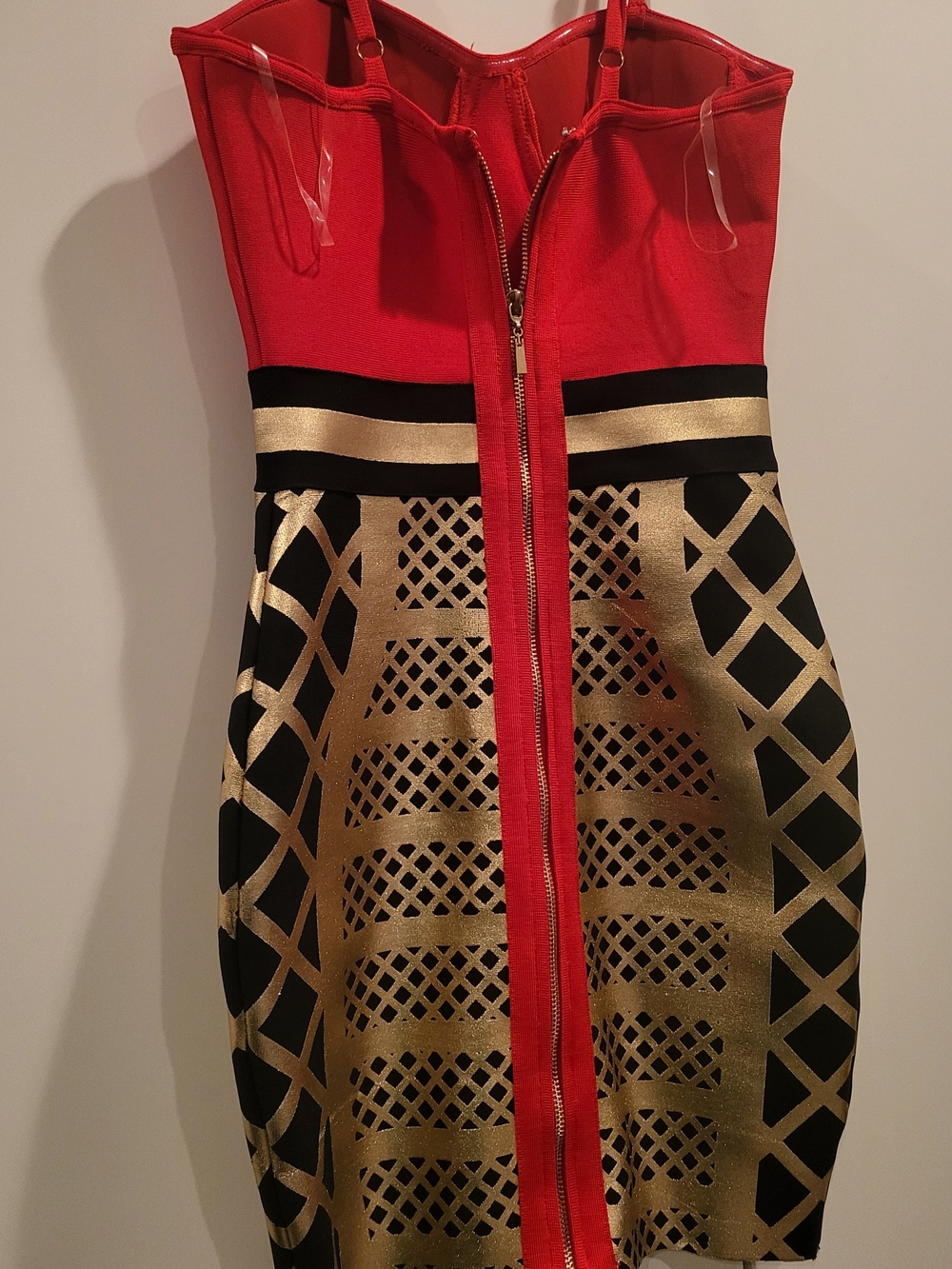 Red and Gold Bodycon Dress with Black Accents - Picture 2 of 5